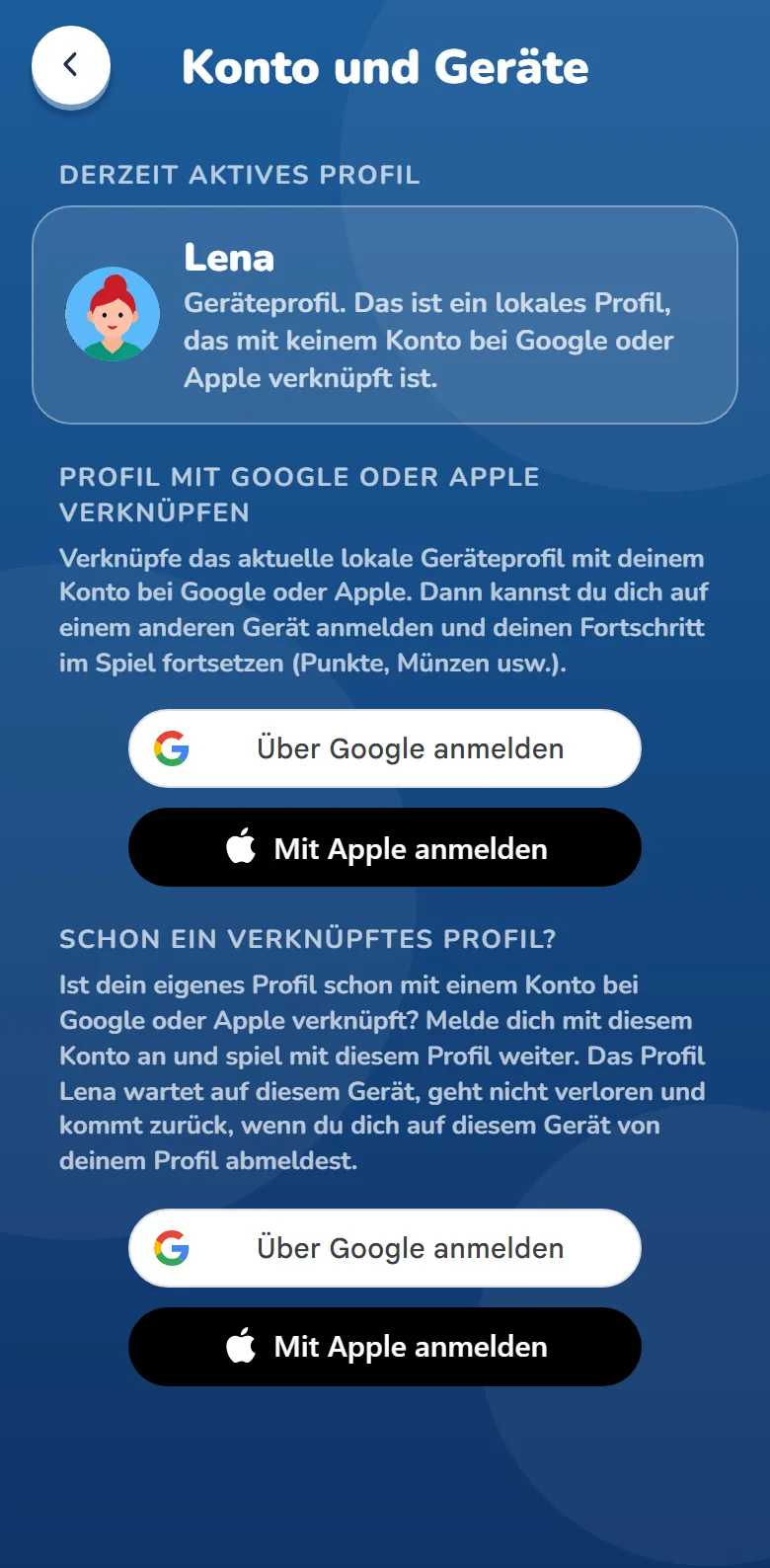 Der Bildschirm „Konto und Geräte“ für ein Geräteprofil: das derzeit aktive Profil und die Buttons zur Anmeldung mit Google und Apple