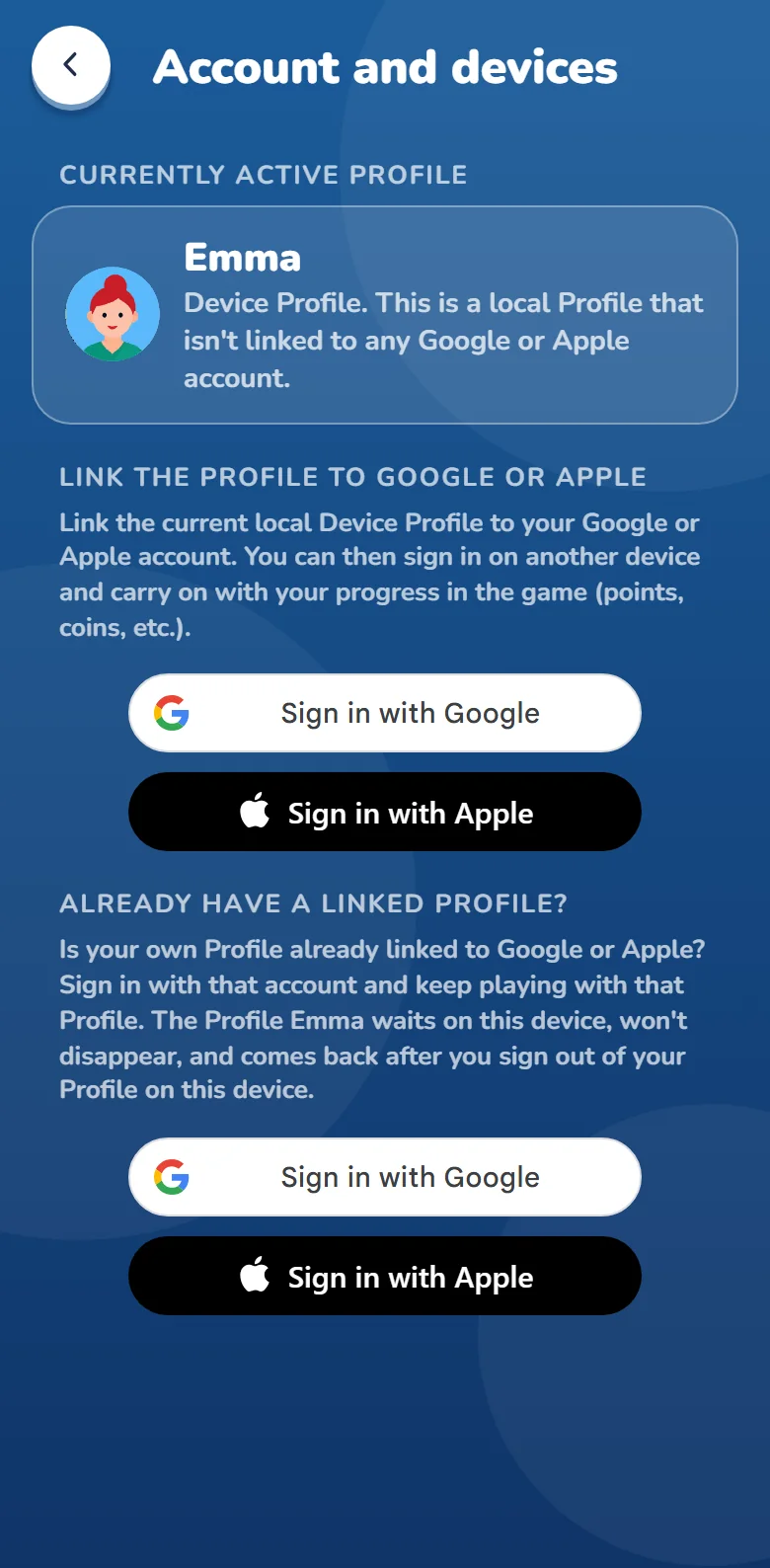 The “Account and devices” screen with buttons for signing in with Google and Apple