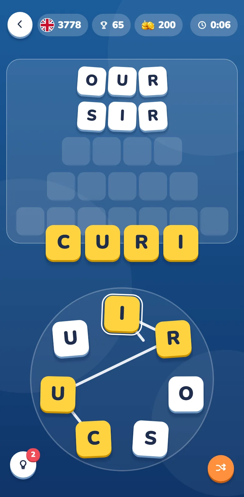 A level halfway through a word: a finger joins letters on the wheel, and the yellow strip reads CURI