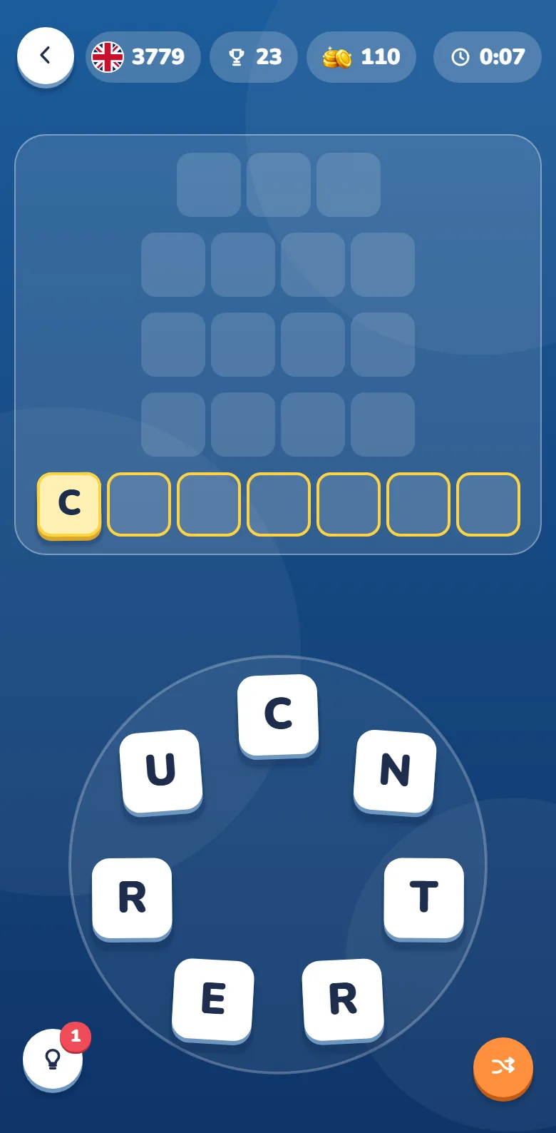 A board with a row picked and a letter revealed by a hint