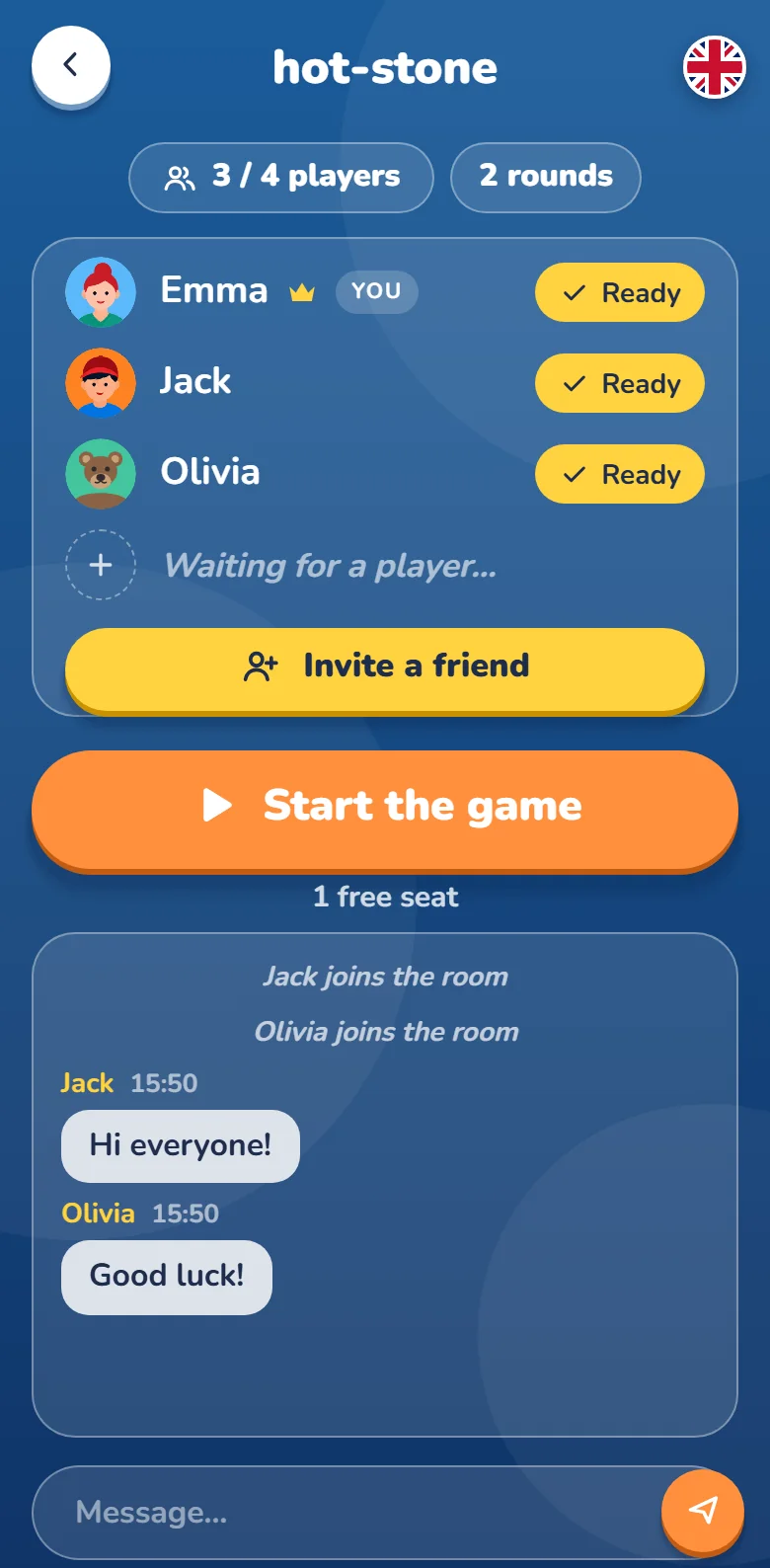 A room with three players, all ready, and messages in the chat