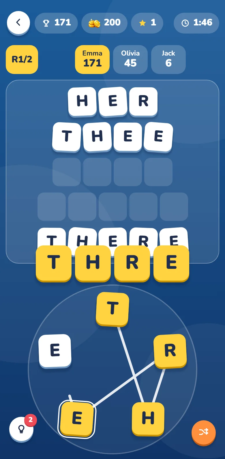 A round of a match: three players’ points above the board, revealed words and the next one being joined on the wheel