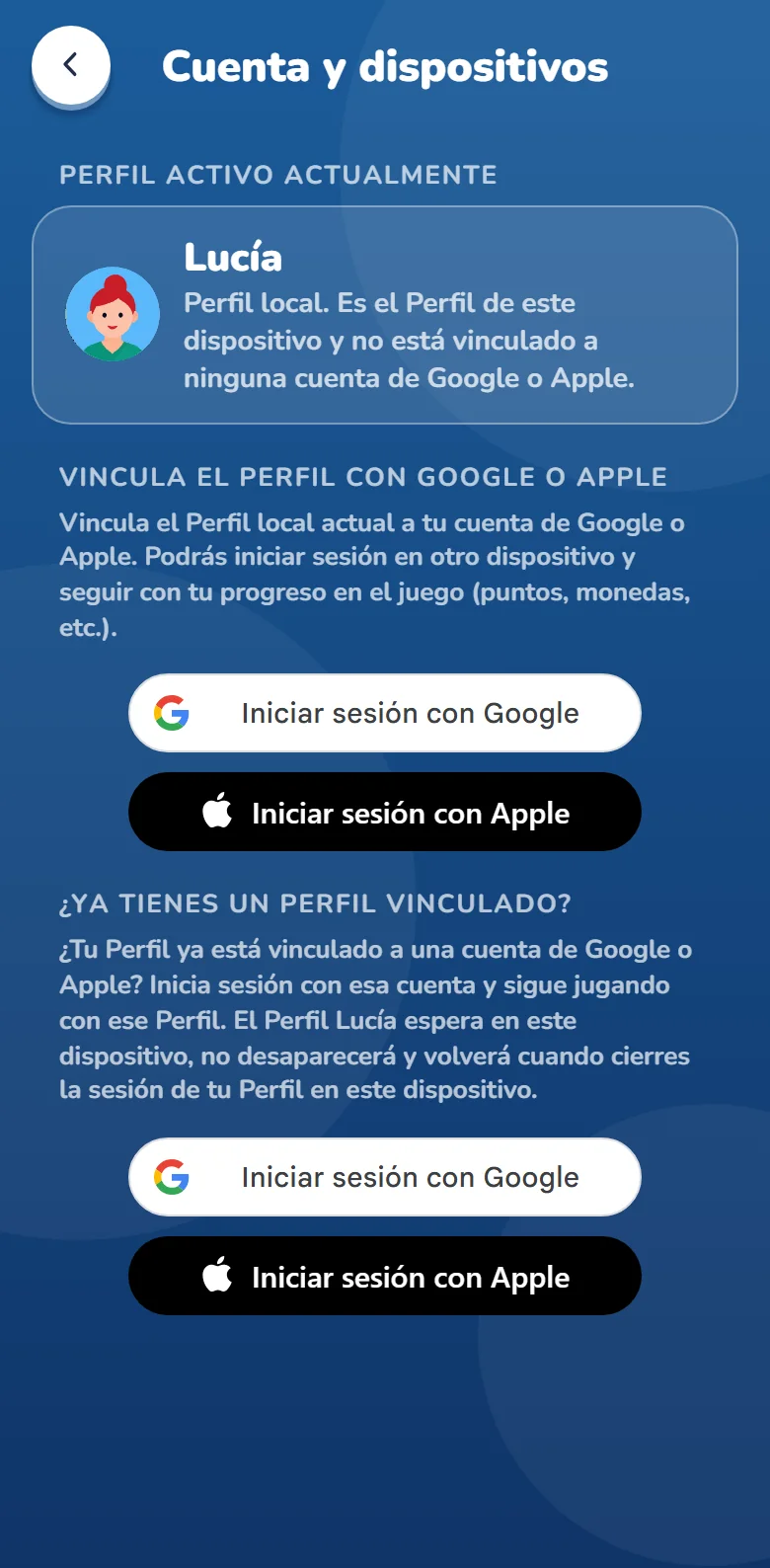 La pantalla «Cuenta y dispositivos» para un Perfil local: el Perfil activo actualmente y los botones para iniciar sesión con Google y Apple