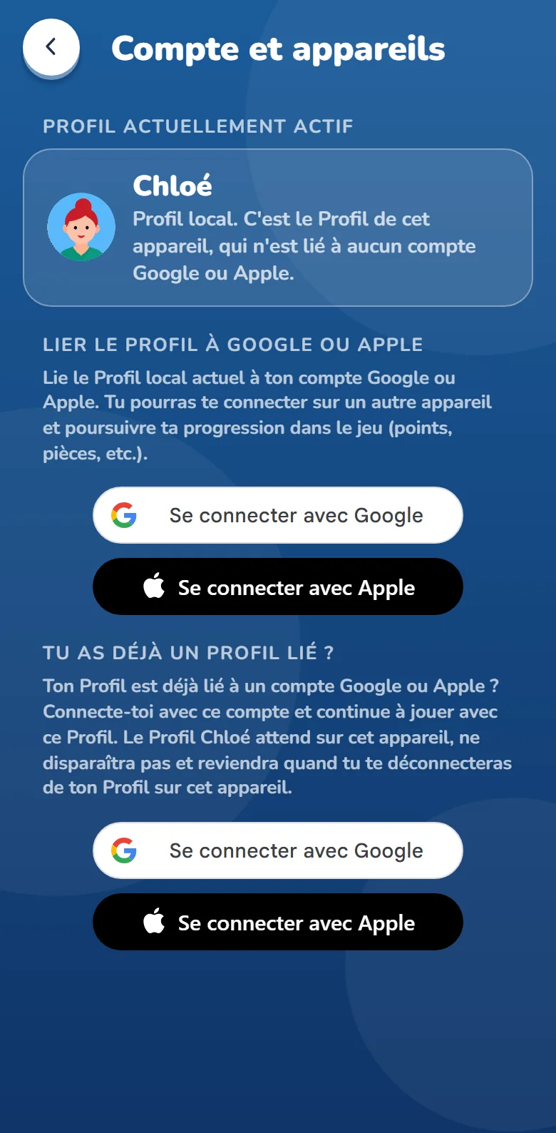 L’écran « Compte et appareils » pour un Profil local : le Profil actuellement actif et les boutons de connexion avec Google et Apple