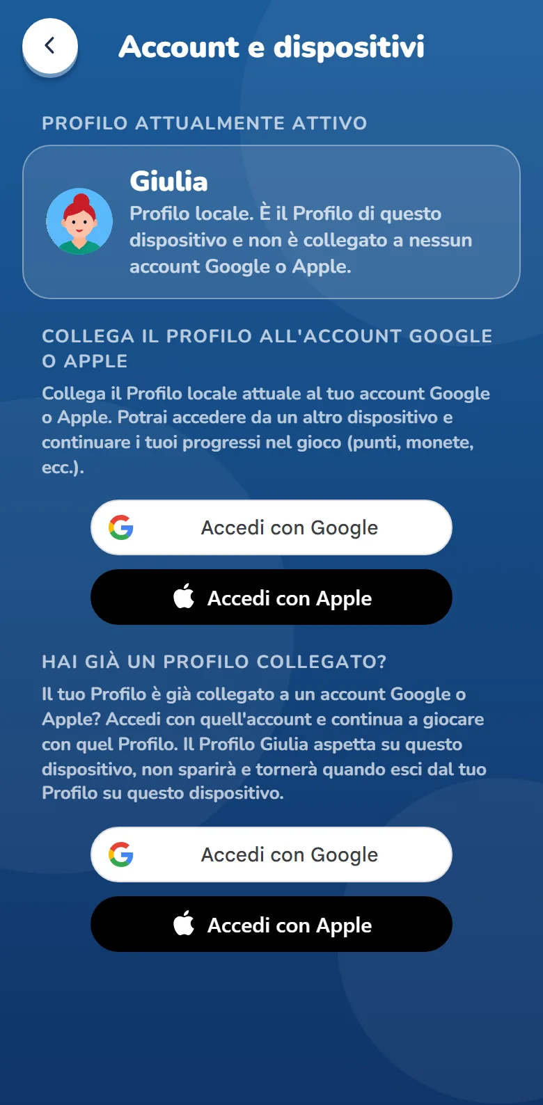 La schermata «Account e dispositivi» per un Profilo locale: il Profilo attualmente attivo e i pulsanti per accedere con Google e Apple